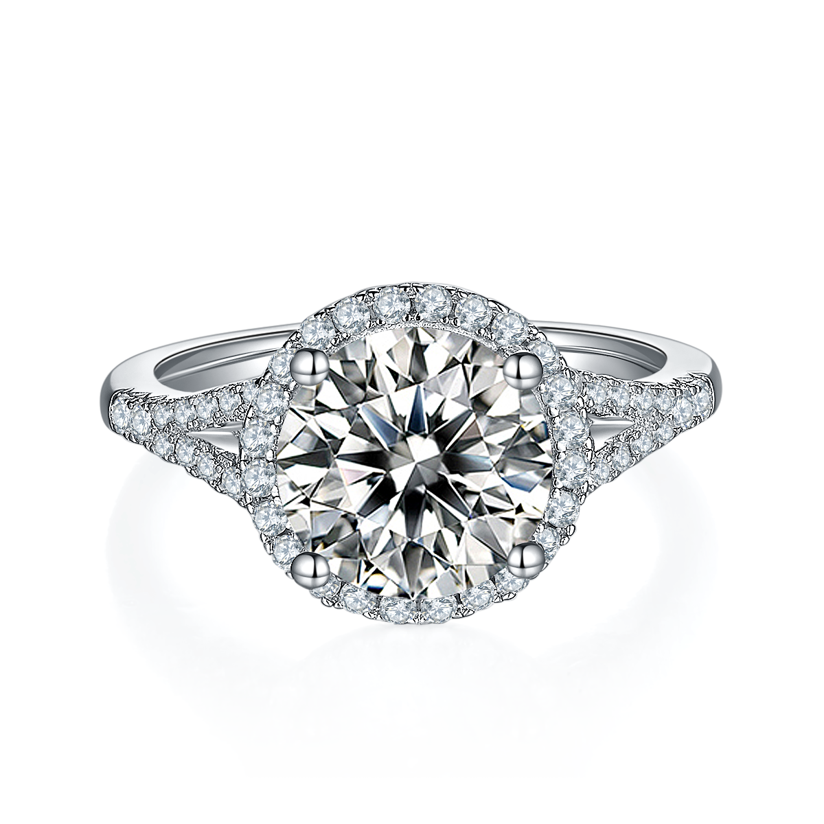 Double arm round bag S925 silver plated platinum moissanite diamond women's ring 3.0 carats D-grade